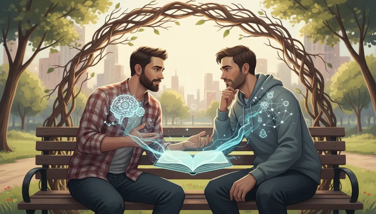 Hyper realistic 16k double exposure of two men talking on a bench, overlaying open conversation with symbolic visuals of support and connection, urban park background. SEO: brotherhood support, men's mental health, honest conversations, accountability.