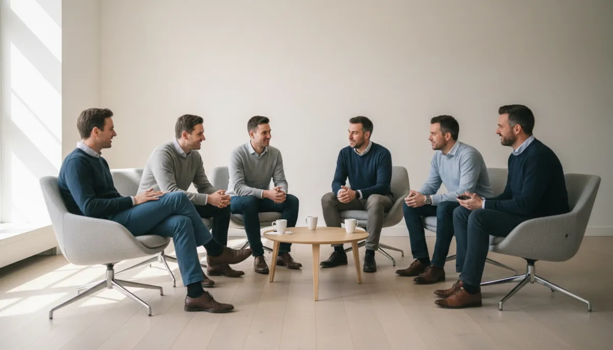 Men sitting in a circle, talking openly and supporting one another