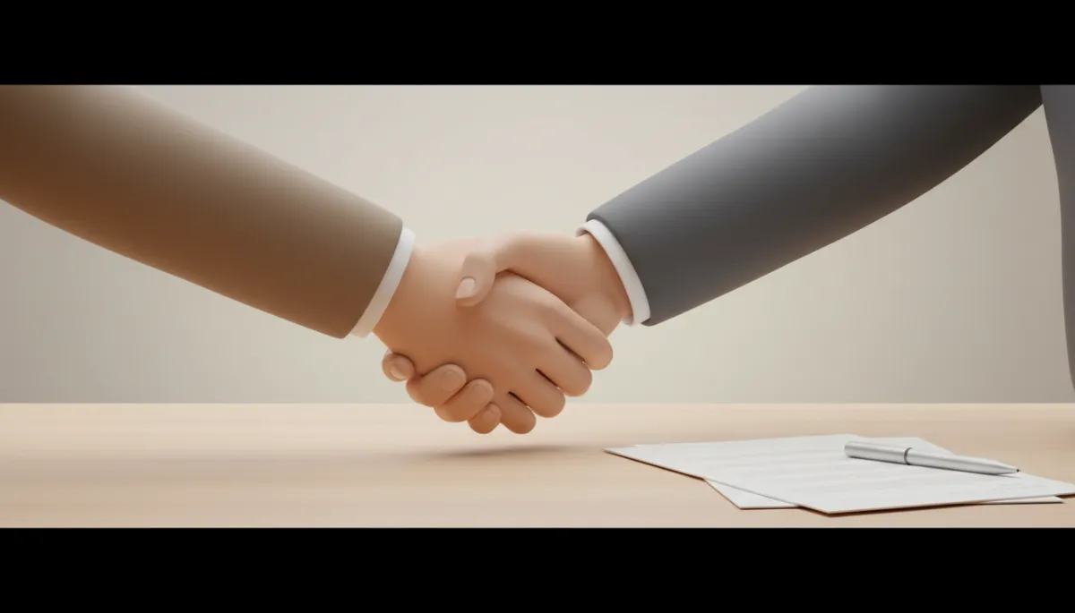 Two people shaking hands in a professional neutral setting