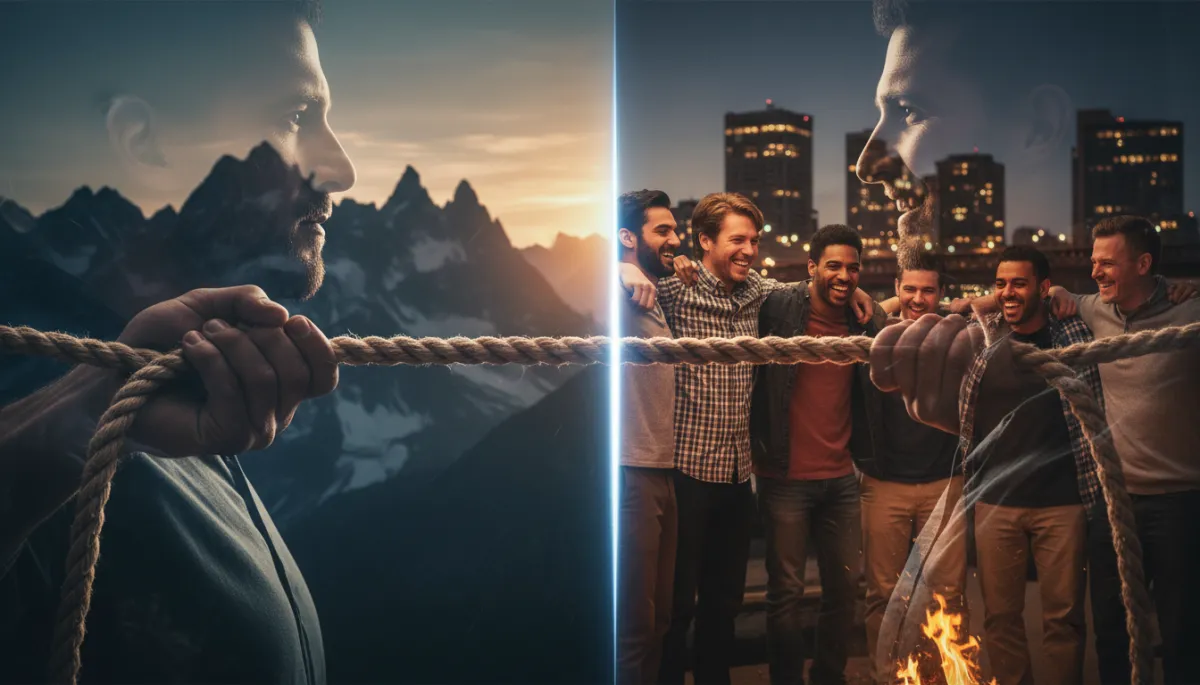 A professional, neutral-toned image of a group of men in a serious, supportive discussion, visually emphasizing themes of brotherhood, mutual guidance, and boundaries. The composition should feel authoritative and trustworthy, with a subdued, no-nonsense color palette.