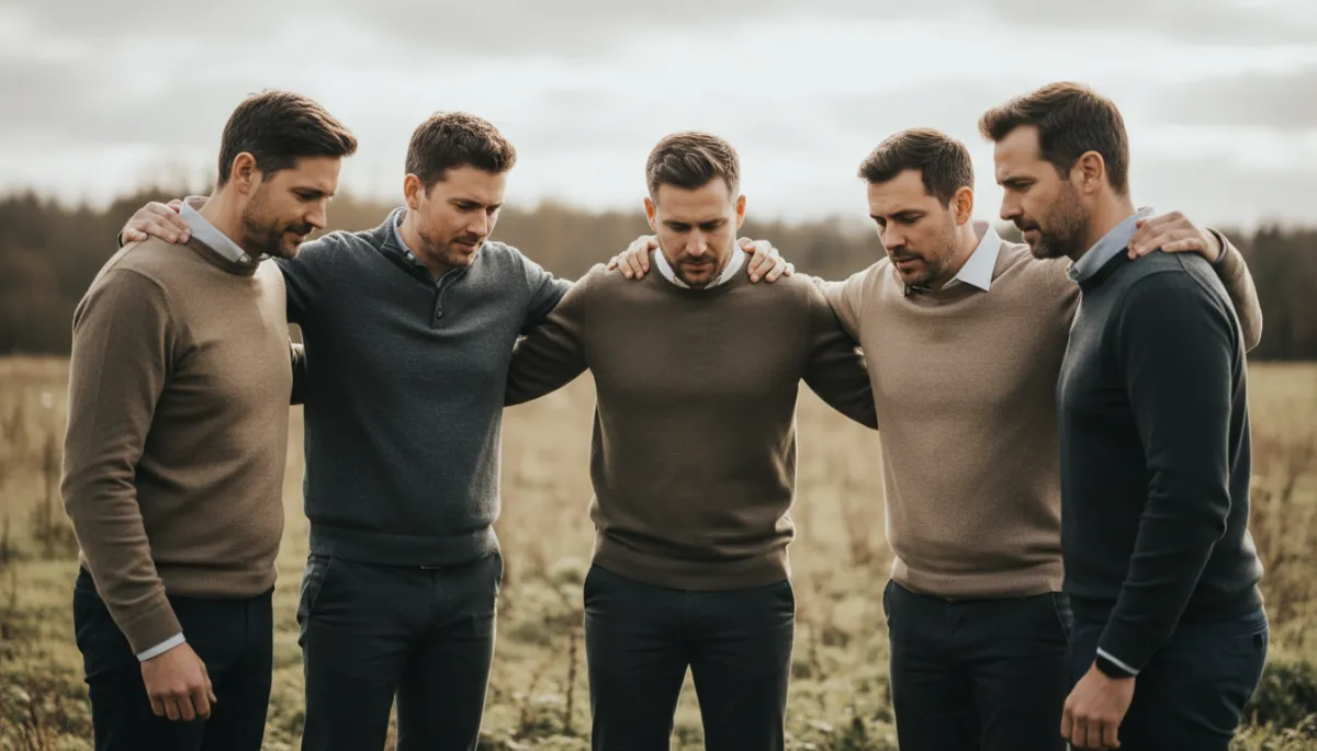 Group of men standing together in a supportive circle