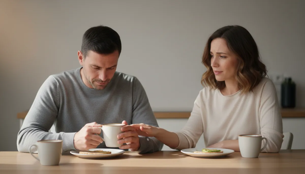 Couple sitting at a kitchen table, quiet tension between them