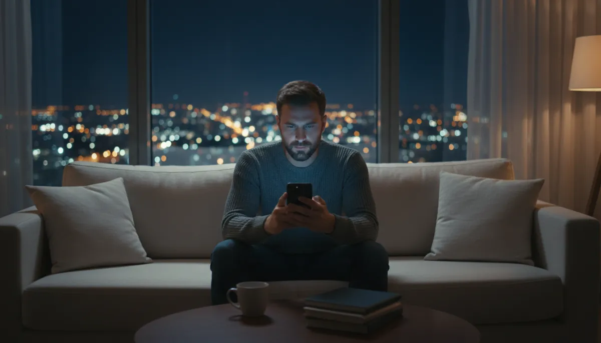 Man sitting alone at night looking at his phone in a neutral, professional style