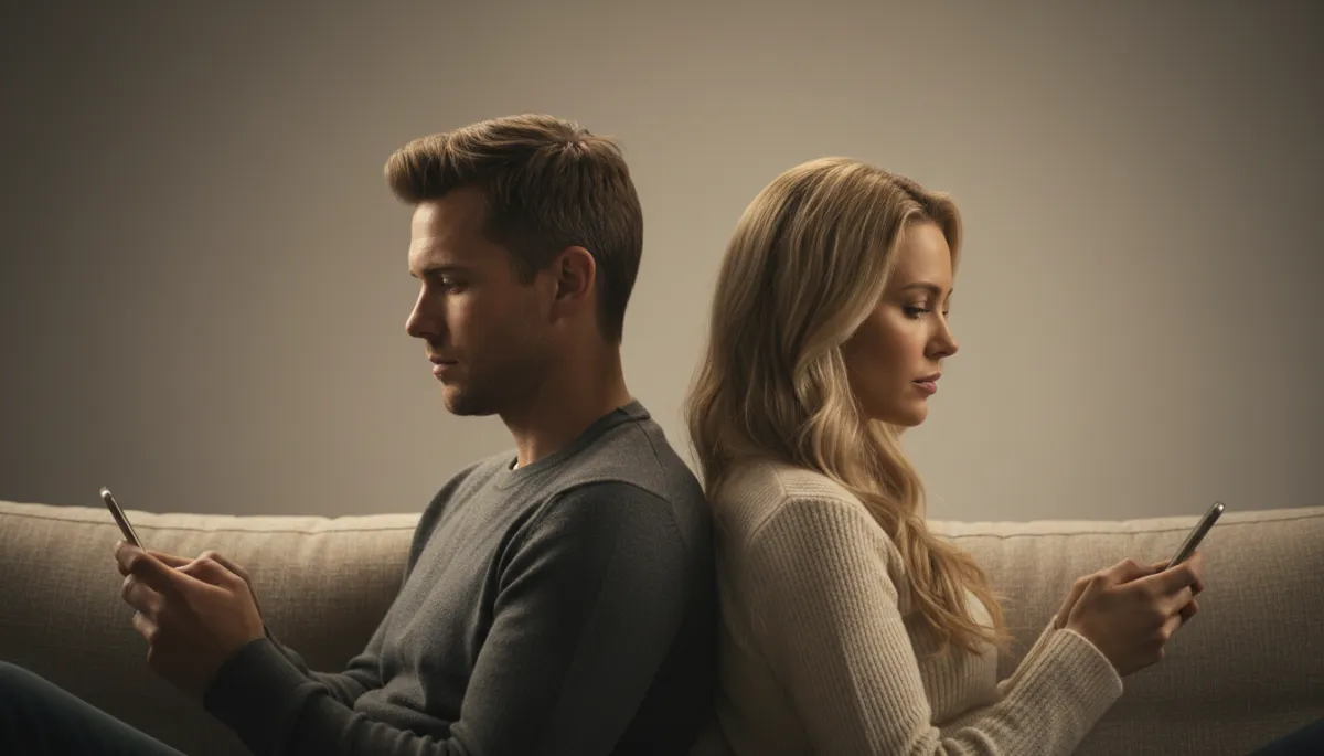 Distant couple sitting together but emotionally disconnected