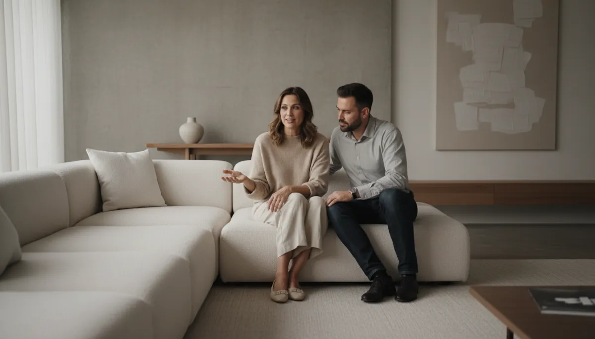 Couple having a calm, respectful conversation on a sofa