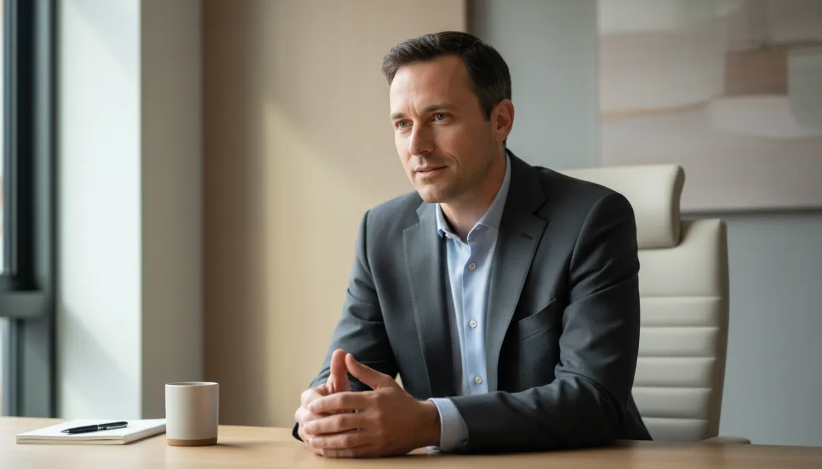 professional, neutral-toned close-up of a man sitting in a minimalist office, calmly listening during a tense conversation, body language open and relaxed, soft natural light professional, neutral-toned close-up of a man sitting in a minimalist office, calmly listening during a tense conversation, body language open and relaxed, soft natural light
