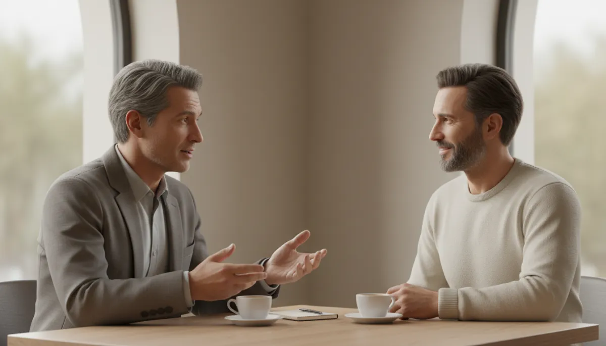 Two men talking openly in a quiet café setting