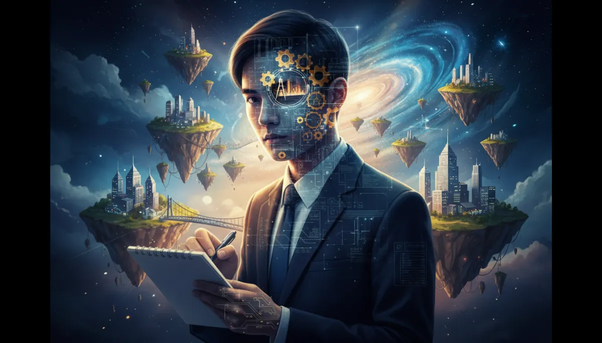 A double exposure cinematic movie poster-style image of a person holding a notepad, their face partially overlaid with blueprints, gears, and architectural lines, symbolizing learning from others and adapting success as a blueprint. Use a dramatic, filmic color grade.