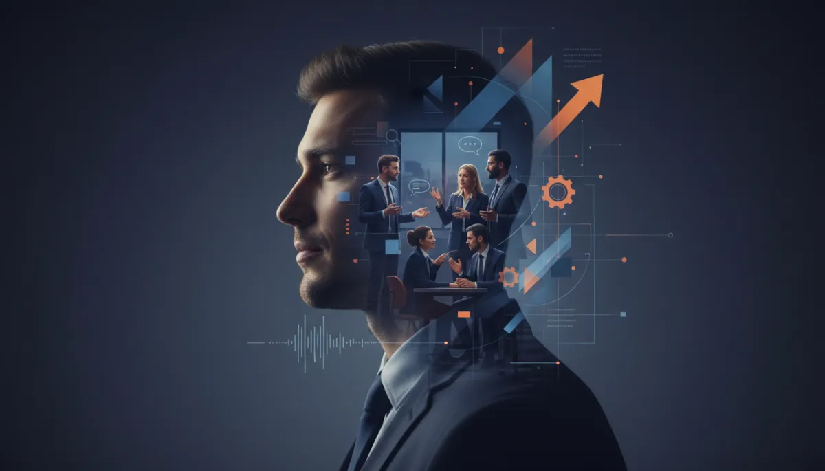 A cinematic double exposure movie poster style image of a calm man listening intently while others speak during a business meeting. The double exposure should merge his focused profile with dynamic overlays of colleagues in conversation and abstract elements representing communication and authority, with dramatic lighting and a moody, cinematic color palette.