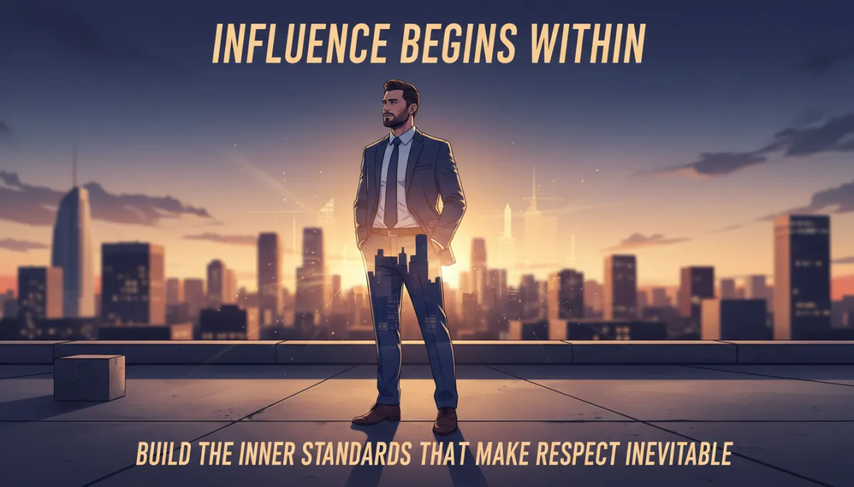 Double exposure, hyper realistic 16-movie-poster style image. Main subject: a confident man standing alone on a city rooftop at sunrise, hands in pockets, relaxed posture. Skyline in soft focus behind him. Overlay elements: subtle cityscape merging into his silhouette, hints of sunrise light beams. Dramatic cinematic lighting, high detail, epic and inspirational mood. Include bold movie-poster style headlines within the image: 'Influence Begins Within' and 'Build the Inner Standards That Make Respect Inevitable'.