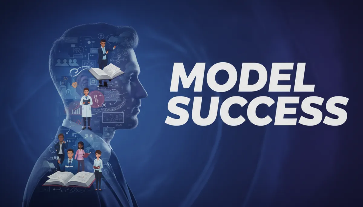 A Netflix-style double exposure movie poster showing a professional figure in profile, their outline filled with layered images of inspiring mentors, books, and planning diagrams. Bold headline text overlays: 'MODEL SUCCESS'. Dramatic shadows, deep contrast, and a modern, cinematic look. A Netflix-style double exposure movie poster showing a professional figure in profile, their outline filled with layered images of inspiring mentors, books, and planning diagrams. Bold headline text overlays: 'MODEL SUCCESS'. Dramatic shadows, deep contrast, and a modern, cinematic look.