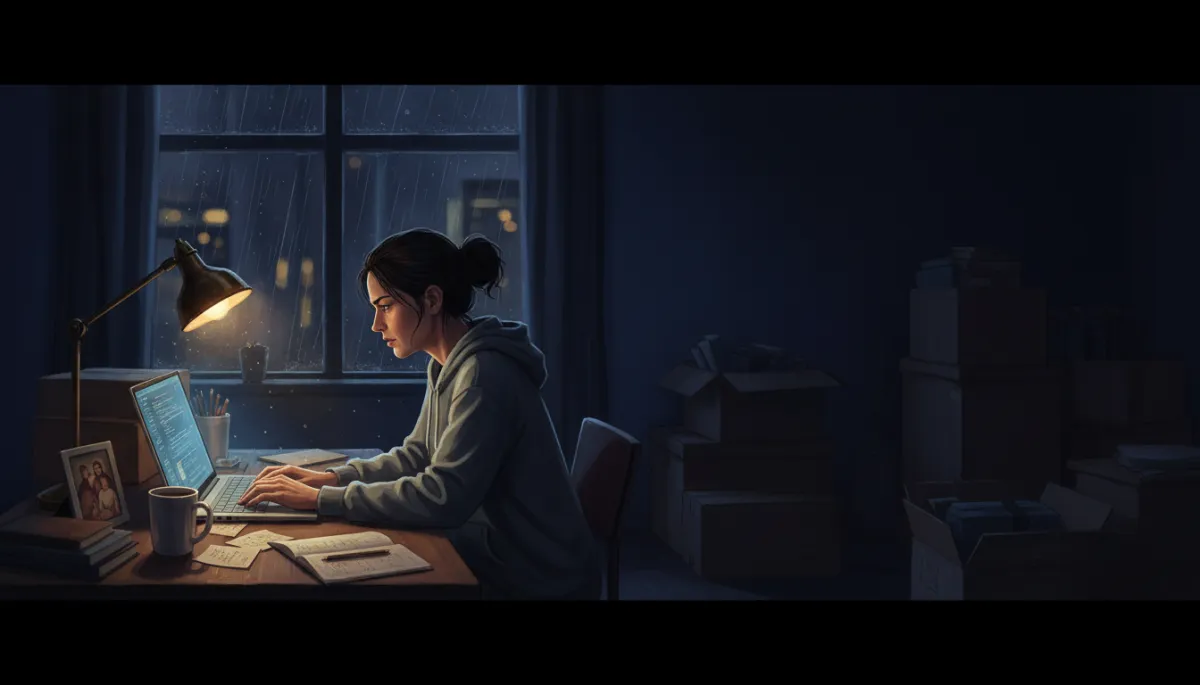 A hyper-realistic 16k image of a person working quietly at a desk at night, focused and determined, rebuilding their life from rock bottom. The image is in 16:9 aspect ratio, with strong negative space, cinematic lighting, and highly detailed textures to emphasize solitude and resilience.