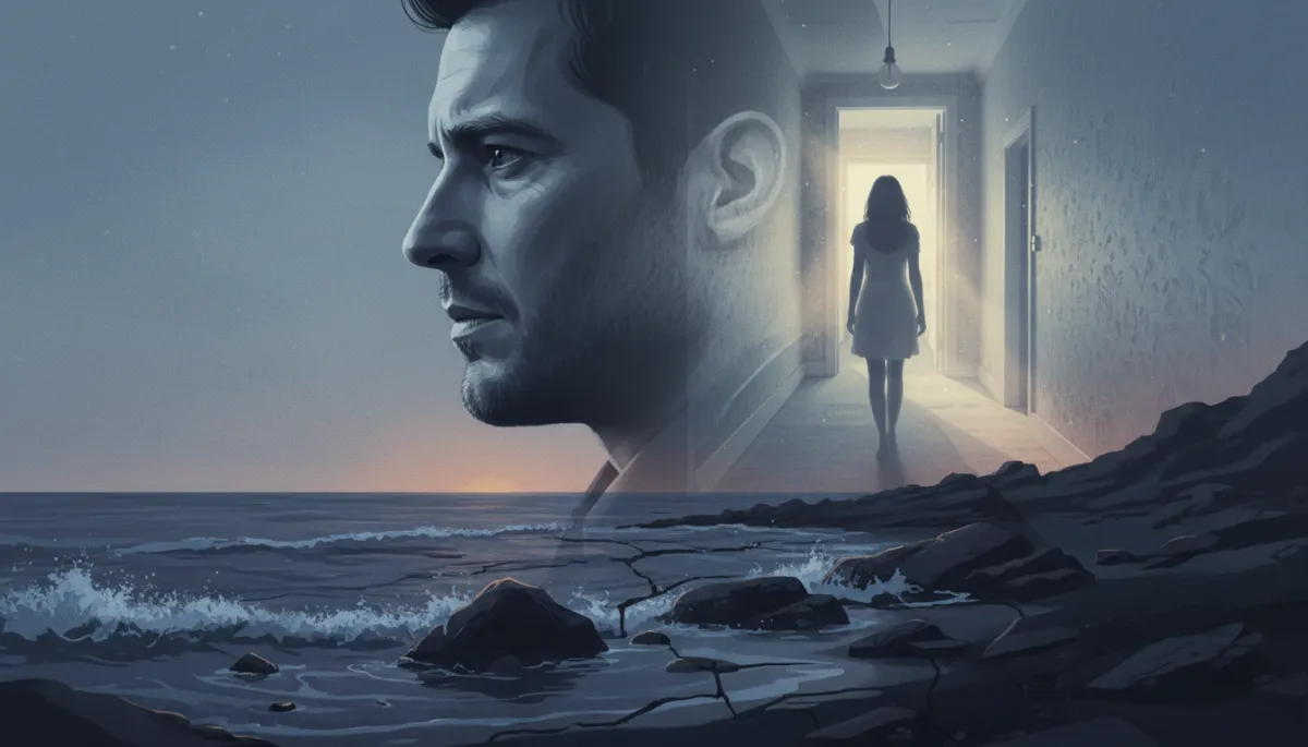 Man quietly reflecting alone on a balcony at dusk