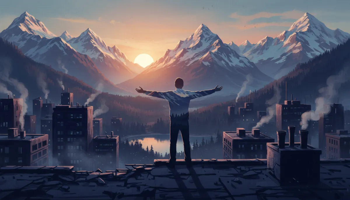 A cinematic 16k movie poster style double exposure: a solitary figure standing on a city rooftop at sunrise, blended with a serene mountainous landscape, symbolizing inner peace and resilience. Dramatic lighting, moody color grading, epic and inspirational, sharp details.