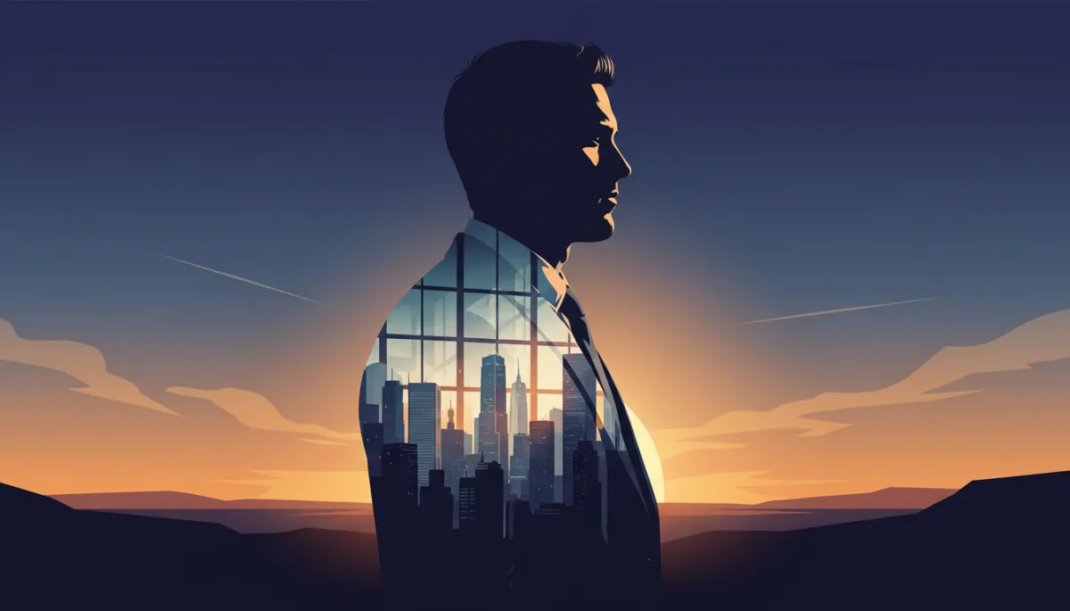 A double exposure cinematic movie poster featuring a well-groomed man in a tailored suit. Overlay the man's silhouette with a modern city skyline and soft daylight streaming through office windows. Use dramatic lighting and high contrast for a bold, stylish effect.
