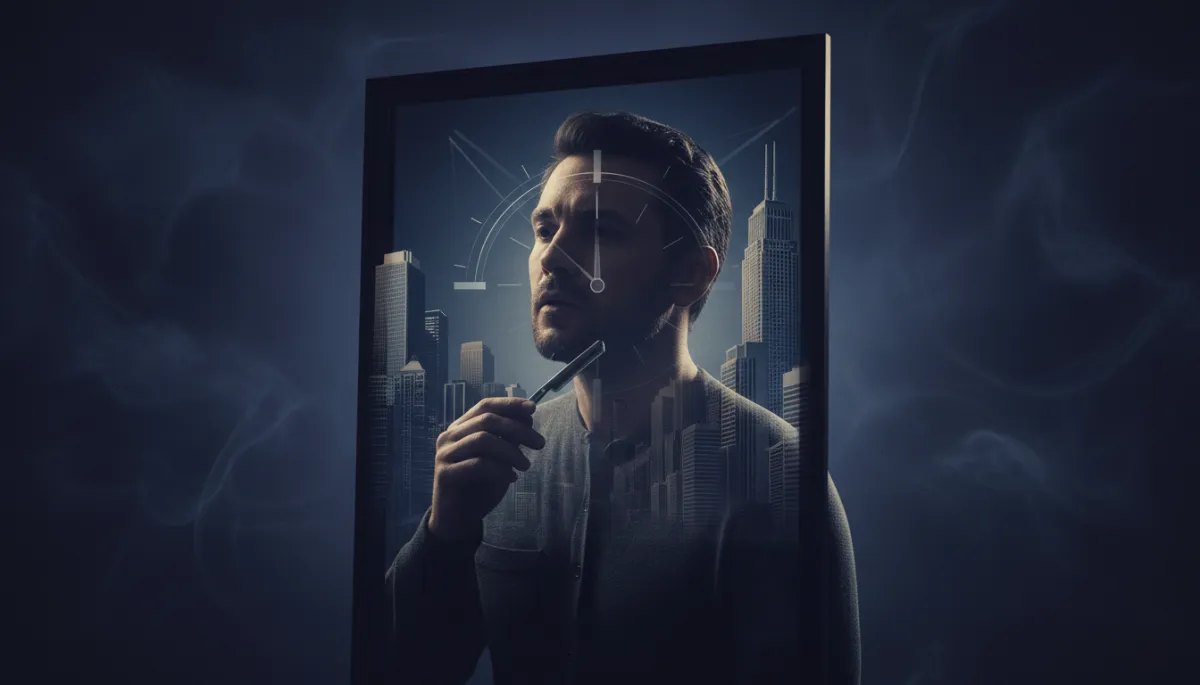 A double exposure cinematic movie poster of a man grooming in front of a mirror. Overlay his reflection with subtle elements representing discipline and professionalism, such as a clock, cityscape, or soft abstract lines, with moody lighting and a high-contrast, filmic color grade.