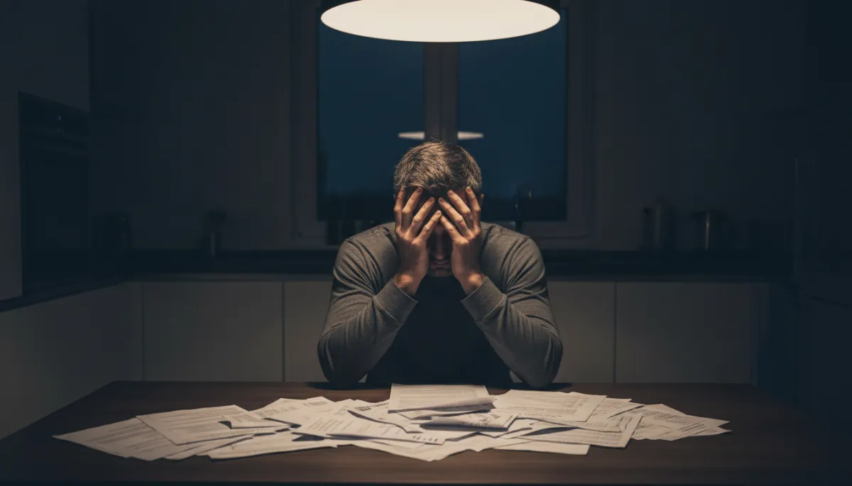 Man alone at a kitchen table late at night, overwhelmed by bills