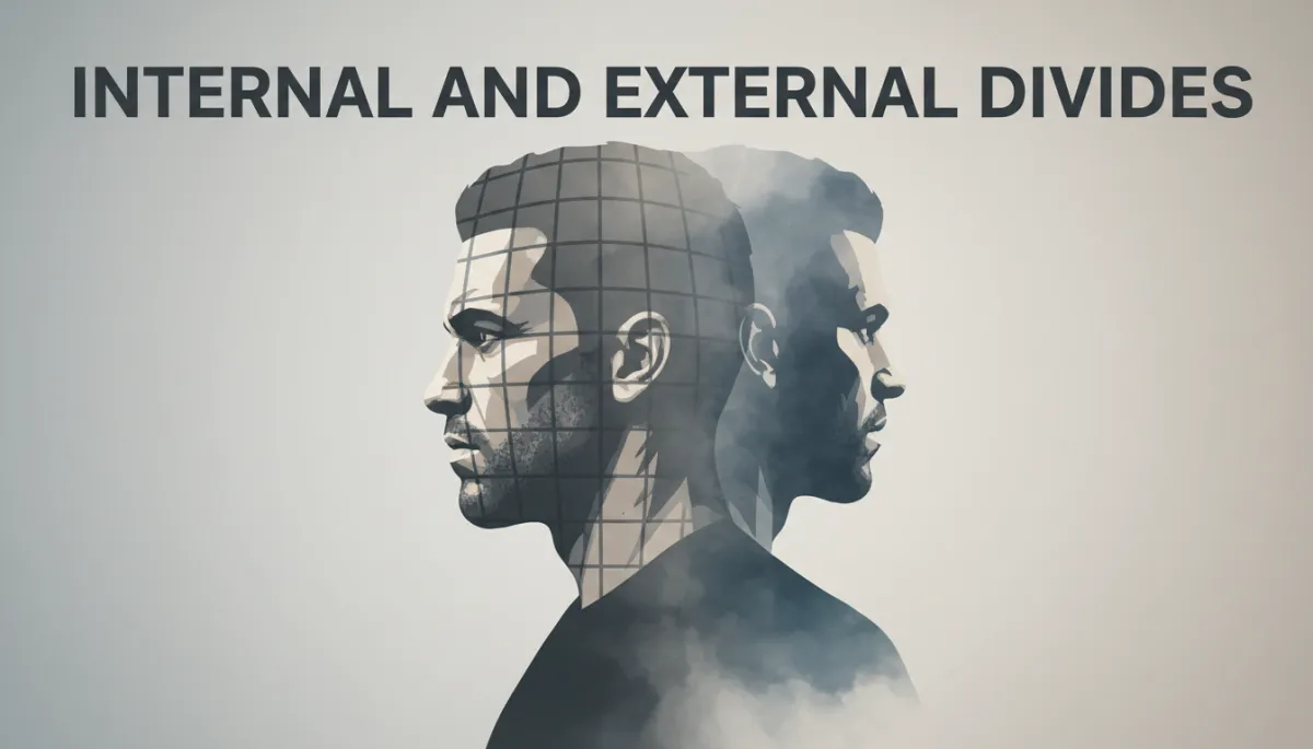 Double exposure image of a man in profile—one side facing forward with determination, the other side turned away in contemplation, symbolizing internal boundaries and systemic barriers. Bold, serious headline overlaid. Neutral tones, professional, insightful mood.