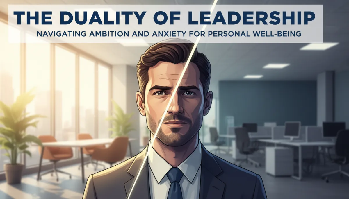 Double exposure portrait of a man—one half exuding confidence, the other half shadowed with self-doubt—set in a neutral-toned, modern office. Bold headline overlaid. Serious, authoritative tone. Soft natural lighting. Emphasize boundaries and personal well-being.