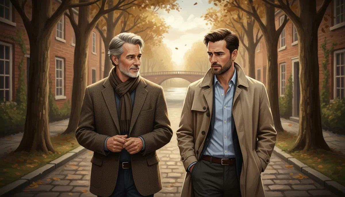 A hyperrealistic image of two men walking together outdoors, engaged in a quiet, meaningful conversation. The scene should feel authentic and emotionally resonant, with realistic facial expressions and body language. Use soft, natural lighting and include a subtle vignette around the edges to draw focus to the men's interaction.