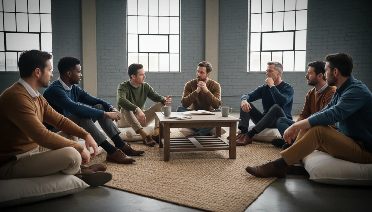 A hyperrealistic, high-resolution image of a diverse group of men sitting in a circle in a calm, loft-style room with soft natural light. The men are engaged in authentic conversation, some speaking, others listening with empathy. Add a subtle vignette around the edges to focus attention on the group, with gentle highlights and realistic details in skin, clothing, and environment.