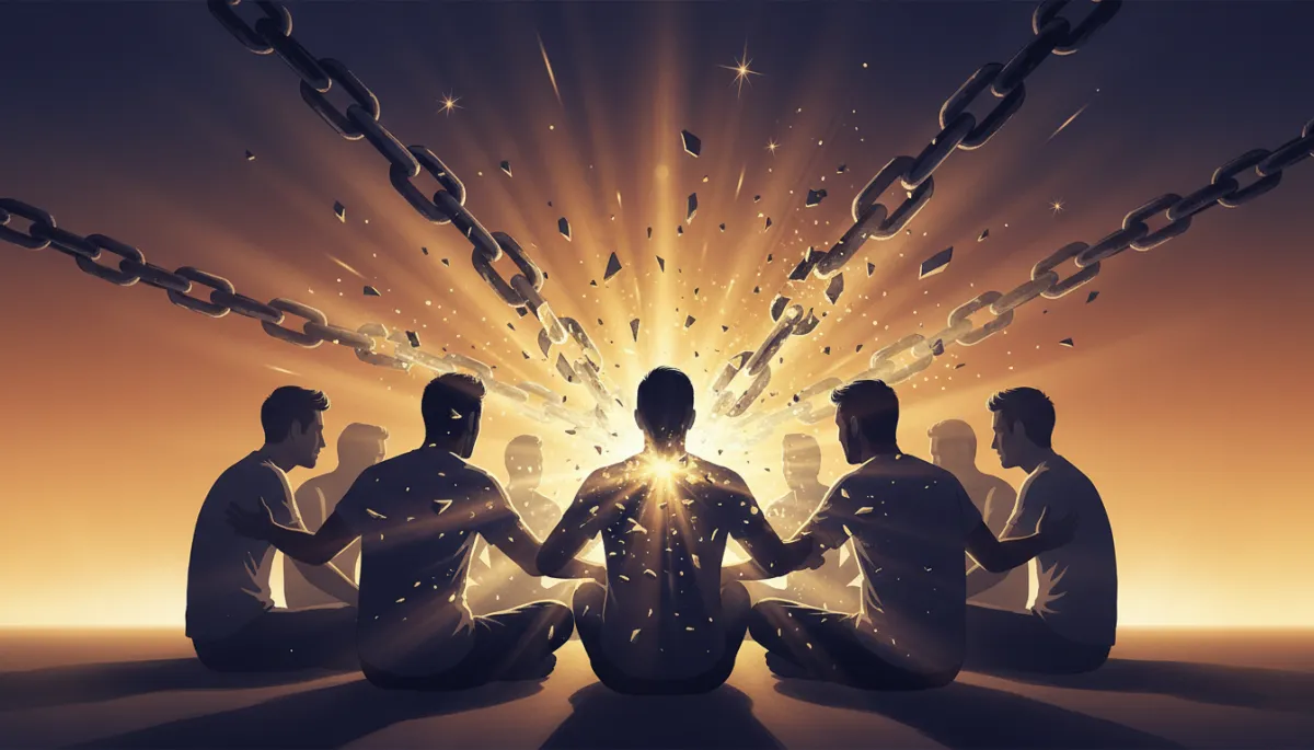 Double exposure 16k cinematic poster. Foreground: a group of men seated in a circle, supporting each other with honest connection. Within and around their silhouettes, superimpose subtle imagery of chains breaking and soft golden light emerging, symbolizing breaking free from isolation and stepping into brotherhood. Dramatic, inspirational tone. Double exposure 16k cinematic poster. Foreground: a group of men seated in a circle, supporting each other with honest connection. Within and around their silhouettes, superimpose subtle imagery of chains breaking and soft golden light emerging, symbolizing breaking free from isolation and stepping into brotherhood. Dramatic, inspirational tone.
