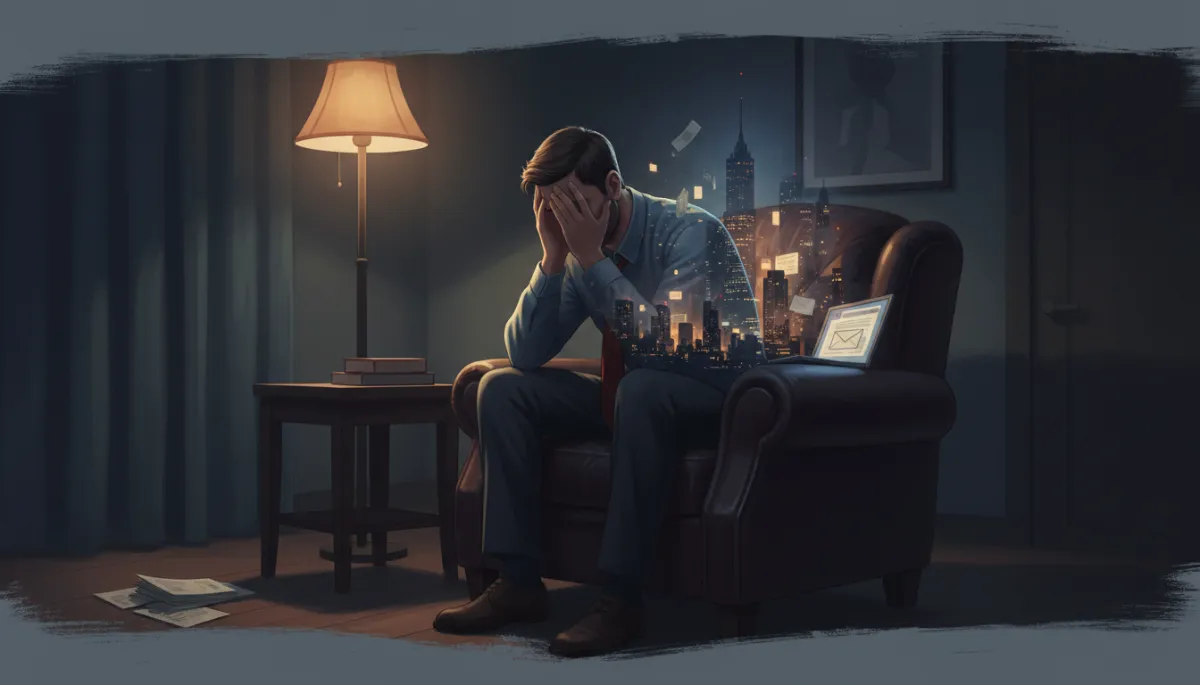 Double exposure 16k cinematic poster. Foreground: exhausted man in his 30s, suit jacket off, tie loosened, sitting alone in a dimly lit living room at night. Background superimposed within his silhouette: city lights, stacks of bills, unread emails on a laptop, subtly blending into the man's form. Moody, dramatic lighting, rich neutral tones, space for title and subtitle overlay. Double exposure 16k cinematic poster. Foreground: exhausted man in his 30s, suit jacket off, tie loosened, sitting alone in a dimly lit living room at night. Background superimposed within his silhouette: city lights, stacks of bills, unread emails on a laptop, subtly blending into the man's form. Moody, dramatic lighting, rich neutral tones, space for title and subtitle overlay.