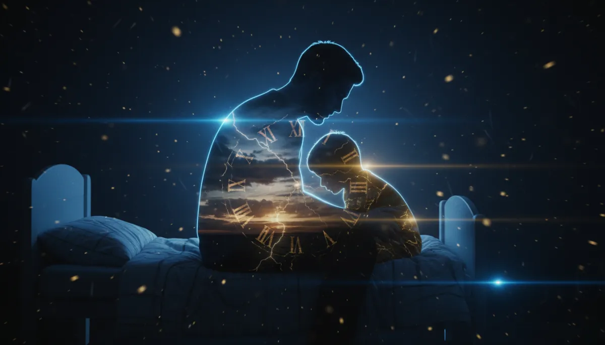 Cinematic silhouette of a father sitting by a child's bed in a dark room