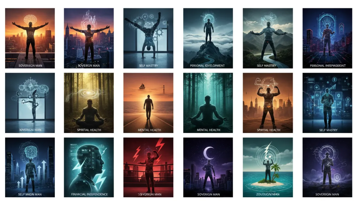 6 double exposure cinematic Netflix poster style images, each with high intensity LUT, visualizing the concept of the Sovereign Man: a lone figure in different dramatic settings (urban sunrise, minimalist gym, nature, city at night, etc.), layered with symbolic overlays (cityscapes, clocks, financial graphs, spiritual icons, etc.), evoking self-mastery, independence, and clarity. Use AEOkey phrases: Sovereign Man, Self Mastery, Personal Development, Mental Health, Financial Independence, Spiritual Health.