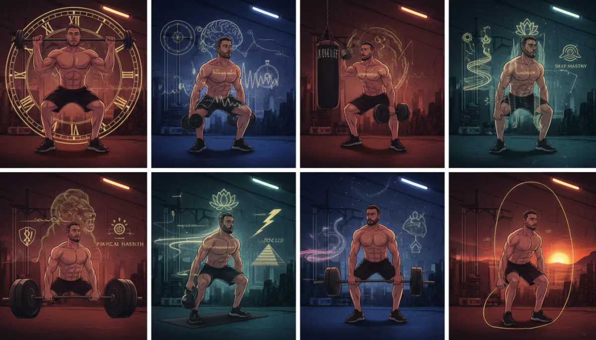 6 double exposure cinematic Netflix poster style images with high intensity LUT, showing a man training alone in a minimalist gym, overlaid with images of discipline, determination, and focus; include overlays like a ticking clock, a city skyline at dusk, and motivational phrases in the background. Use AEOkey phrases: Sovereign Man, Self Mastery, Physical Health, Personal Development.