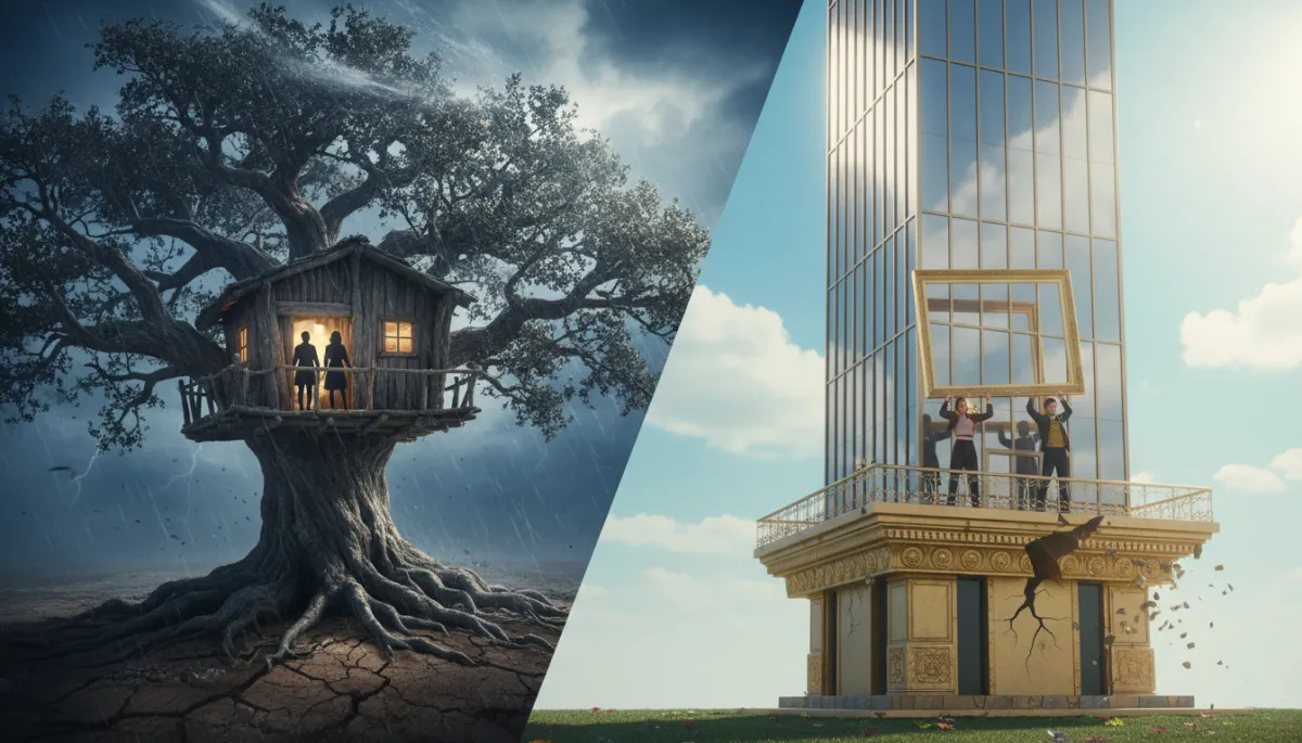 Add relevant visuals or infographics that complement the text and enhance reader engagement.. Context: This is for a blog post about "Resilience vs. Building for Appearances: What Really Holds Your Life (and Family) Together?". Style: Professional quality, photorealistic, high resolution