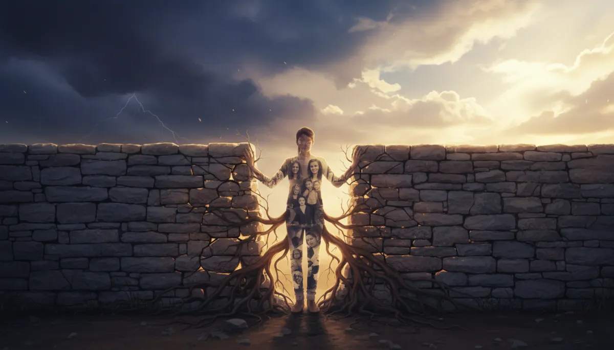 A double exposure movie poster-style image: A person reinforcing a cracked stone wall, their figure partially transparent and overlaid with imagery of roots, family portraits, and soft glowing light emerging from the cracks. The background evokes stormy skies transitioning to sunlight, cinematic and hopeful.