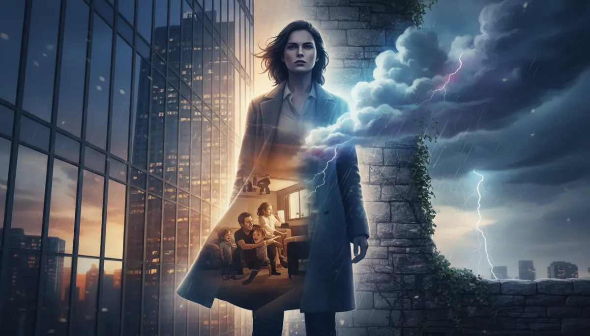 A double exposure movie poster-style image: a determined individual stands confidently, merging into a modern glass building on one side and a sturdy stone wall on the other. The individual's silhouette contains layered scenes of family life and storms, symbolizing resilience and inner strength. Moody, cinematic lighting, dramatic and inspiring.