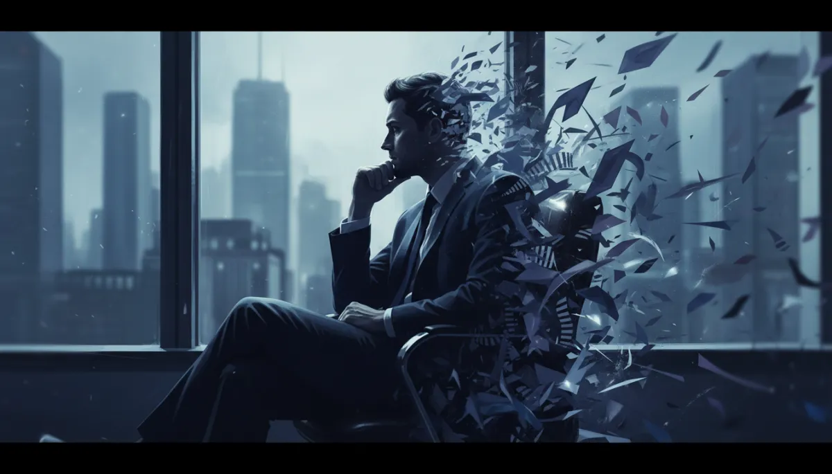 A cinematic double exposure image in the style of a dramatic movie poster: a man in business attire sits thoughtfully by a window, but his silhouette is filled with swirling abstract shapes representing anxiety and invisible opinions; the city skyline merges with his inner world, with cool, moody tones and high-contrast lighting A cinematic double exposure image in the style of a dramatic movie poster: a man in business attire sits thoughtfully by a window, but his silhouette is filled with swirling abstract shapes representing anxiety and invisible opinions; the city skyline merges with his inner world, with cool, moody tones and high-contrast lighting