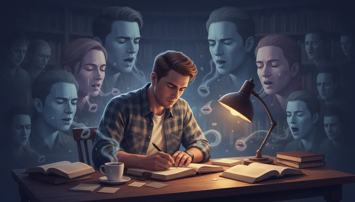 A double exposure cinematic image showing a man journaling at a desk, with an overlay of ghostly, semi-transparent faces and whispering mouths around him, symbolizing the presence of invisible opinions and internal critics, all in a dramatic, filmic color palette A double exposure cinematic image showing a man journaling at a desk, with an overlay of ghostly, semi-transparent faces and whispering mouths around him, symbolizing the presence of invisible opinions and internal critics, all in a dramatic, filmic color palette