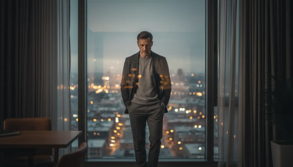 Man standing by a window at dusk, looking conflicted and tired Man standing by a window at dusk, looking conflicted and tired