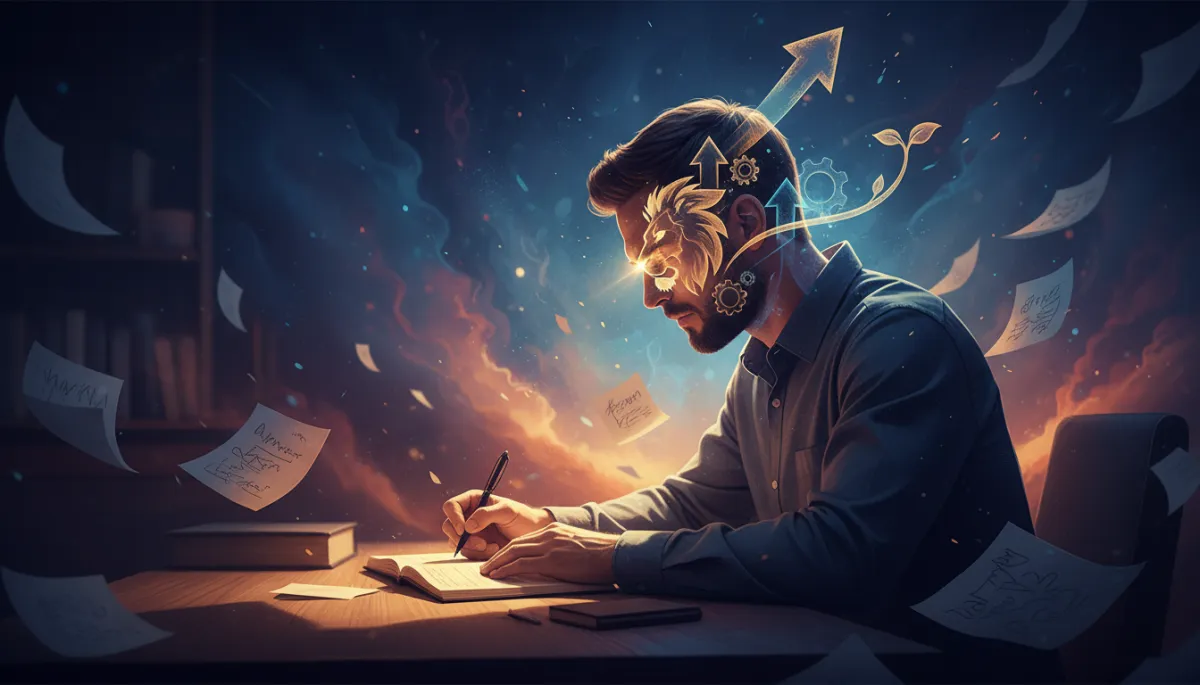 16k double exposure cinematic movie style poster of a man journaling at a desk, his face blending with abstract symbols of growth and confidence, dramatic contrast lighting, evocative and introspective mood
