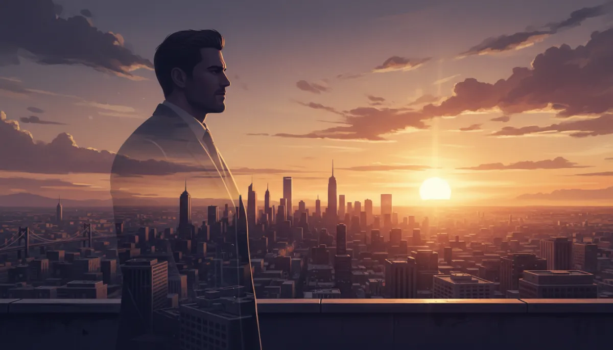 16k double exposure cinematic movie style poster featuring a confident man standing alone on a city rooftop at sunrise, blending his silhouette with the cityscape, atmospheric lighting, strong and calm expression, epic and moody color grading