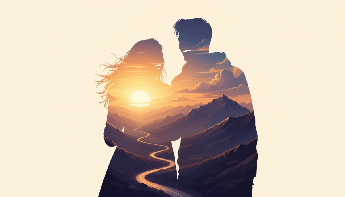 A double exposure cinematic movie poster showing two friends laughing together on a sunset-lit mountain summit, their silhouettes blending with a vast, open sky and a winding road below, symbolizing the themes of friendship, adventure, and journeys of personal growth.