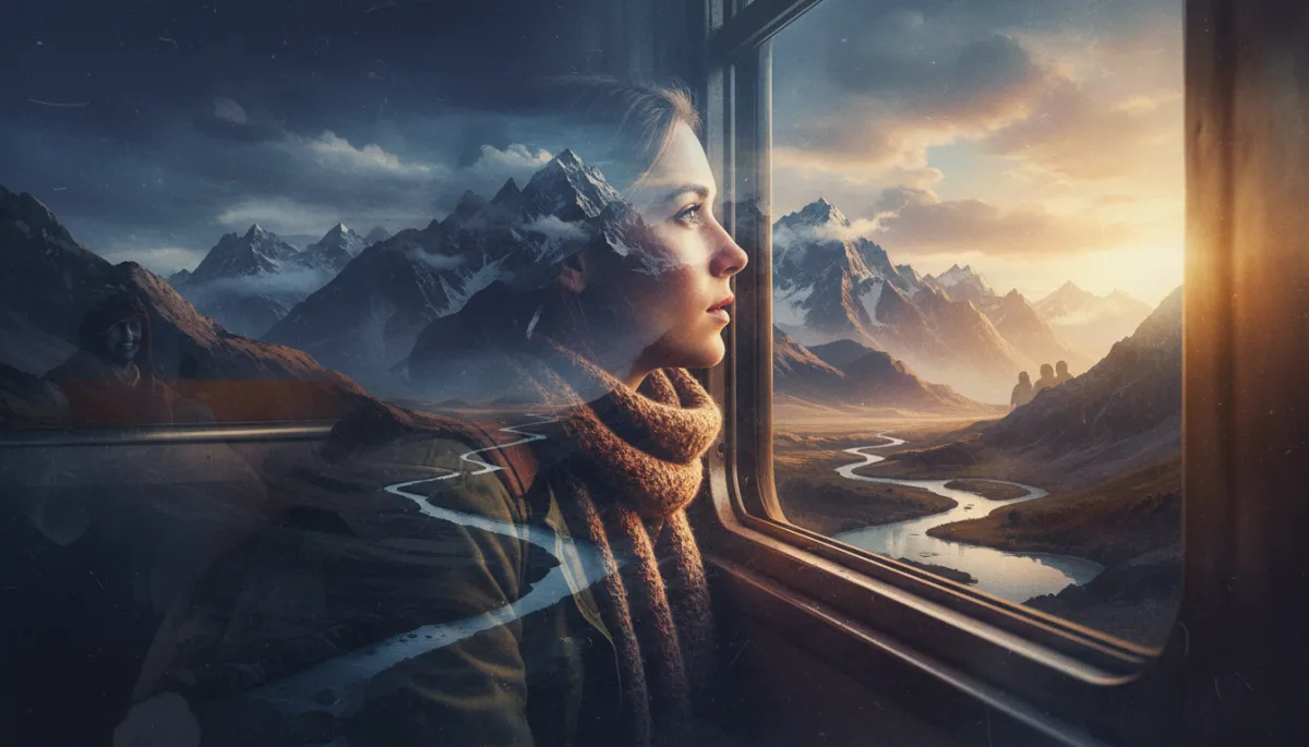 A cinematic double exposure movie poster featuring a traveler gazing out a train window, their profile blending seamlessly with a sweeping landscape of mountains and winding rivers. The image evokes adventure, the spirit of travel, and the anticipation of new friendships, using moody, dramatic lighting and layered textures.