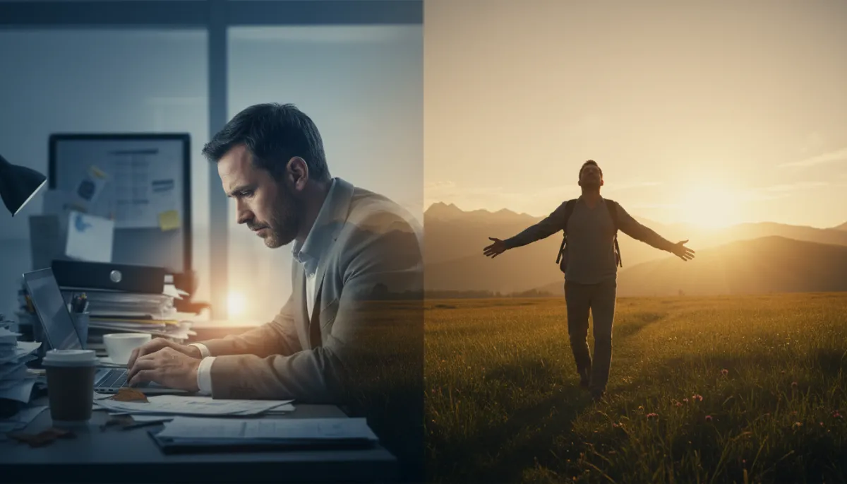 Double exposure, hyper-realistic 16K image featuring a man in his thirties sitting alone in a dim living room at night. Within the main subject, blend imagery of city lights, bills, and laptop to symbolize inner pressure. The composition should evoke support, brotherhood, and community—reflecting both exhaustion and awakening. Use a trustworthy, encouraging tone with concise visuals.