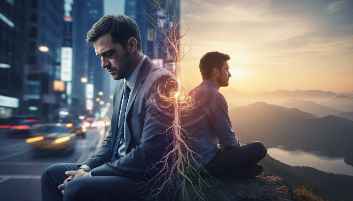 Double exposure, hyper-realistic 16K image of a man sitting on a bed at dawn, quietly reflecting. Within the man's silhouette, layer subtle imagery of brotherhood, community, and moments of support—such as hands reaching out, gentle light, and calm faces. The tone should be supportive, trustworthy, and evoke a sense of hope and connection.