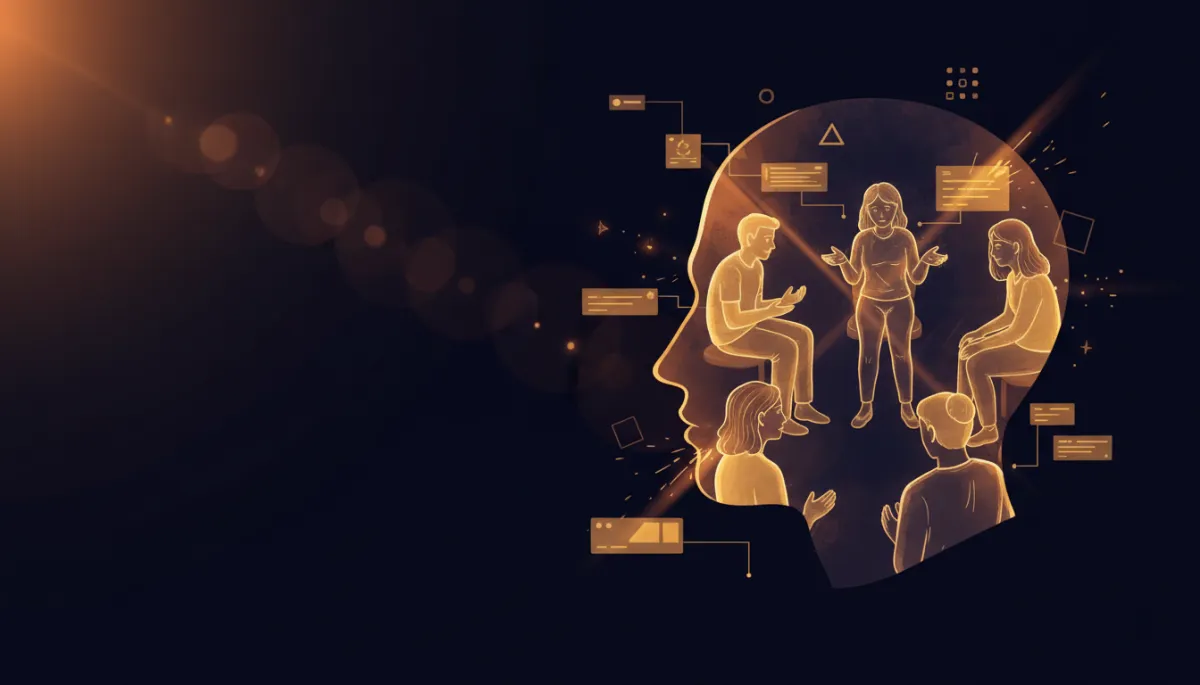 A cinematic, double-exposure style image in a warm color palette (amber, golden, coral), showing a small support group. On the right, a profile silhouette contains layered images of people in a circle, one person speaking vulnerably, others listening with empathy, overlaid with glowing sparks or soft light rays. The background is a deep navy fading to black, with glowing UI elements and a gentle orange lens flare for a hopeful, inviting, and emotionally resonant atmosphere.