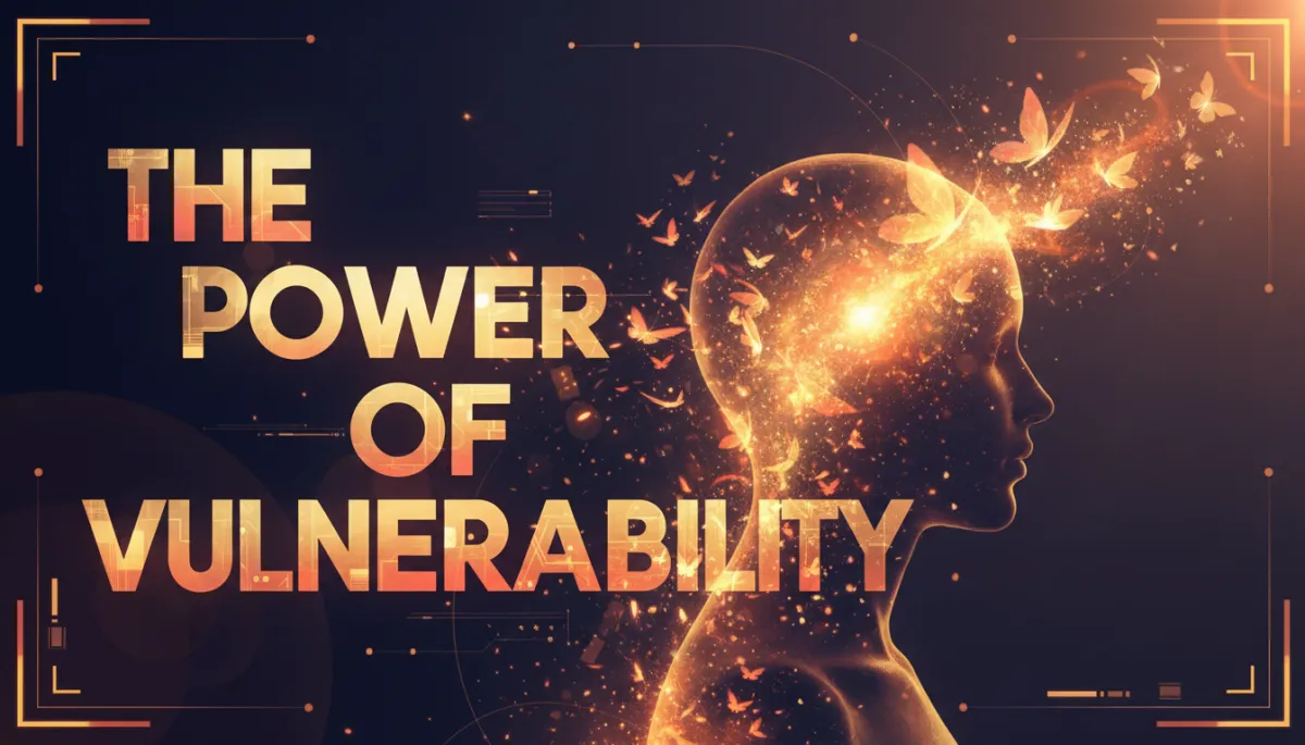 A cinematic double-exposure style image with a warmer palette (gold, amber, soft coral), featuring a softly glowing navy background. On the left, massive bold condensed typography reads 'The Power of Vulnerability.' On the right, a profile silhouette of a person, filled with double-exposure elements such as glowing embers or sparks that symbolize transformation and hope. Overlay subtle HUD corner lines and glowing UI accents, with an uplifting orange lens flare, creating an inviting, emotionally rich, less moody, more cinematic tech-noir aesthetic that feels warm and transformative.