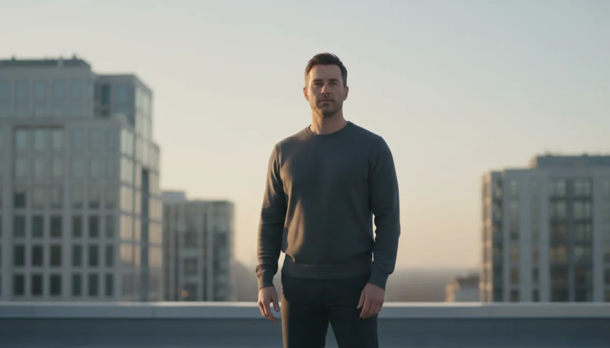 A professional neutral-toned photograph of a man standing alone on a city rooftop at dawn, hands relaxed by his sides, posture grounded and calm, soft side light highlighting his face as he looks forward with composed determination, minimal skyline in background. No text or spelling on the image.