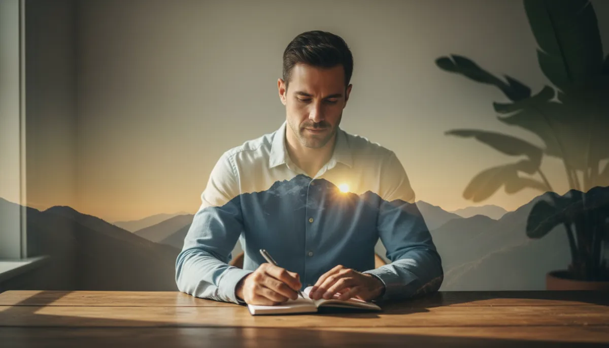 Create a photorealistic double exposure image featuring a calm, confident man sitting upright at a wooden table, journaling in natural light. Overlay his figure with a subtle, transparent landscape of rugged mountains and a sunrise sky, symbolizing inner strength, emotional mastery, and personal sovereignty. The man's expression should reflect thoughtful introspection and quiet power. Ensure the setting feels warm and natural, with soft shadows and a serene atmosphere. The composition should be clean and professional, suitable for a modern blog on masculine emotional mastery, with no headline or text present in the image.