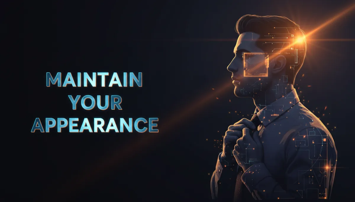 Double exposure cinematic: Dark navy-black background. LEFT: Bold typography 'Maintain Your Appearance'. RIGHT: Male profile silhouette with double-exposure tie-straightening gesture, sparkles, sparks, HUD lines, glowing quote box, orange lens flare.