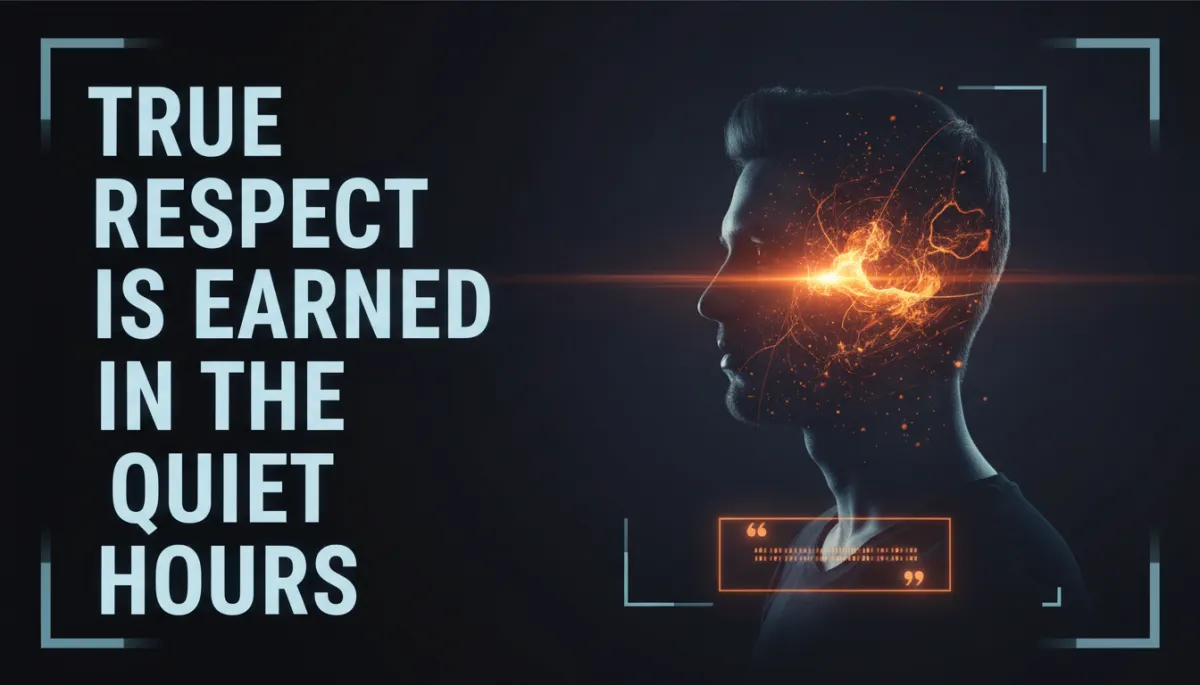 Double exposure cinematic image: Dark navy-black background. LEFT: Massive bold condensed typography for 'True Respect Is Earned in the Quiet Hours'. RIGHT: Male profile silhouette, double-exposure themed sparks inside, with HUD-style corner lines, glowing quote box below, orange lens flare across silhouette. Style is moody, dramatic, modern.