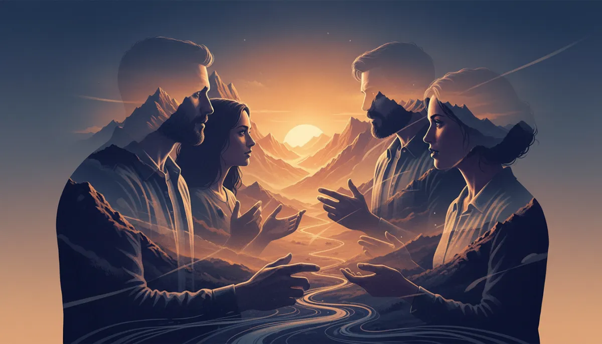 A double-exposure cinematic poster-style image of a small group in deep discussion, their faces and forms layered with imagery of mountains and dawn light, symbolizing the journey of overcoming self-doubt and the power of supportive community. Rich contrast, evocative, and inspirational.