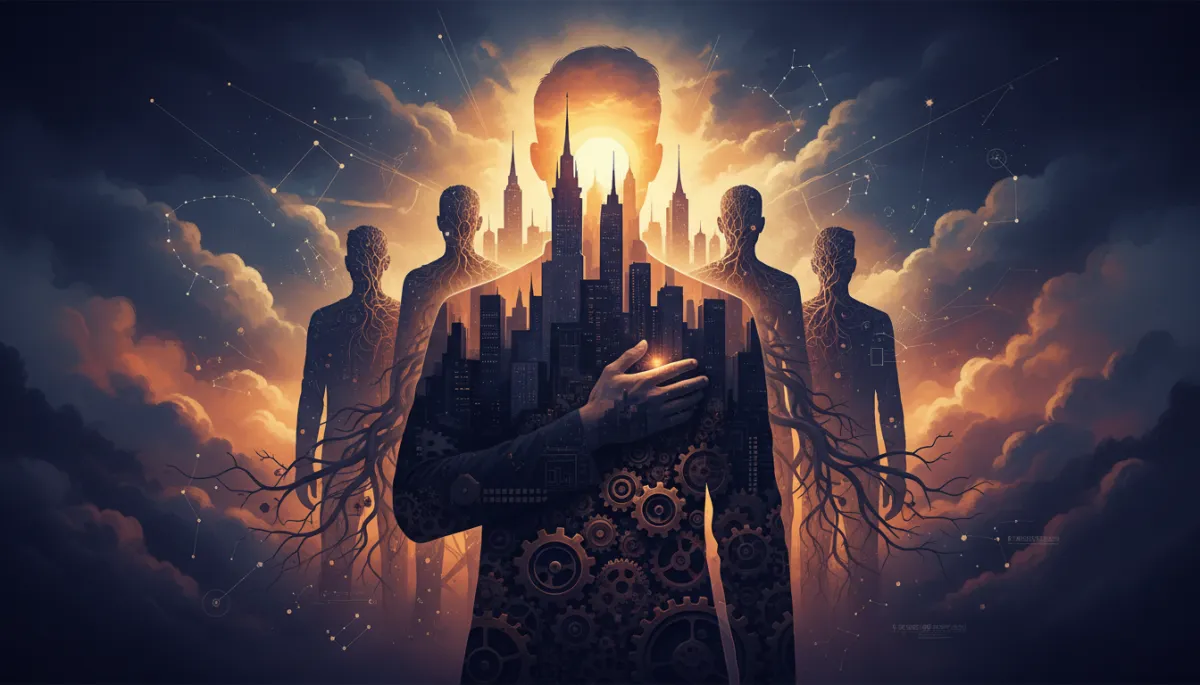 A double-exposure cinematic poster showing a determined individual in the foreground with hand over heart, their silhouette blending with a sunrise cityscape and a supportive group in the background, evoking themes of self-trust, brotherhood, and personal growth. Dramatic, moody lighting with subtle overlays of urban and human elements.
